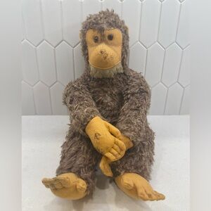 Vintage Straw Filled Mohair & Felt Monkey Toy, Jointed 20” Tall